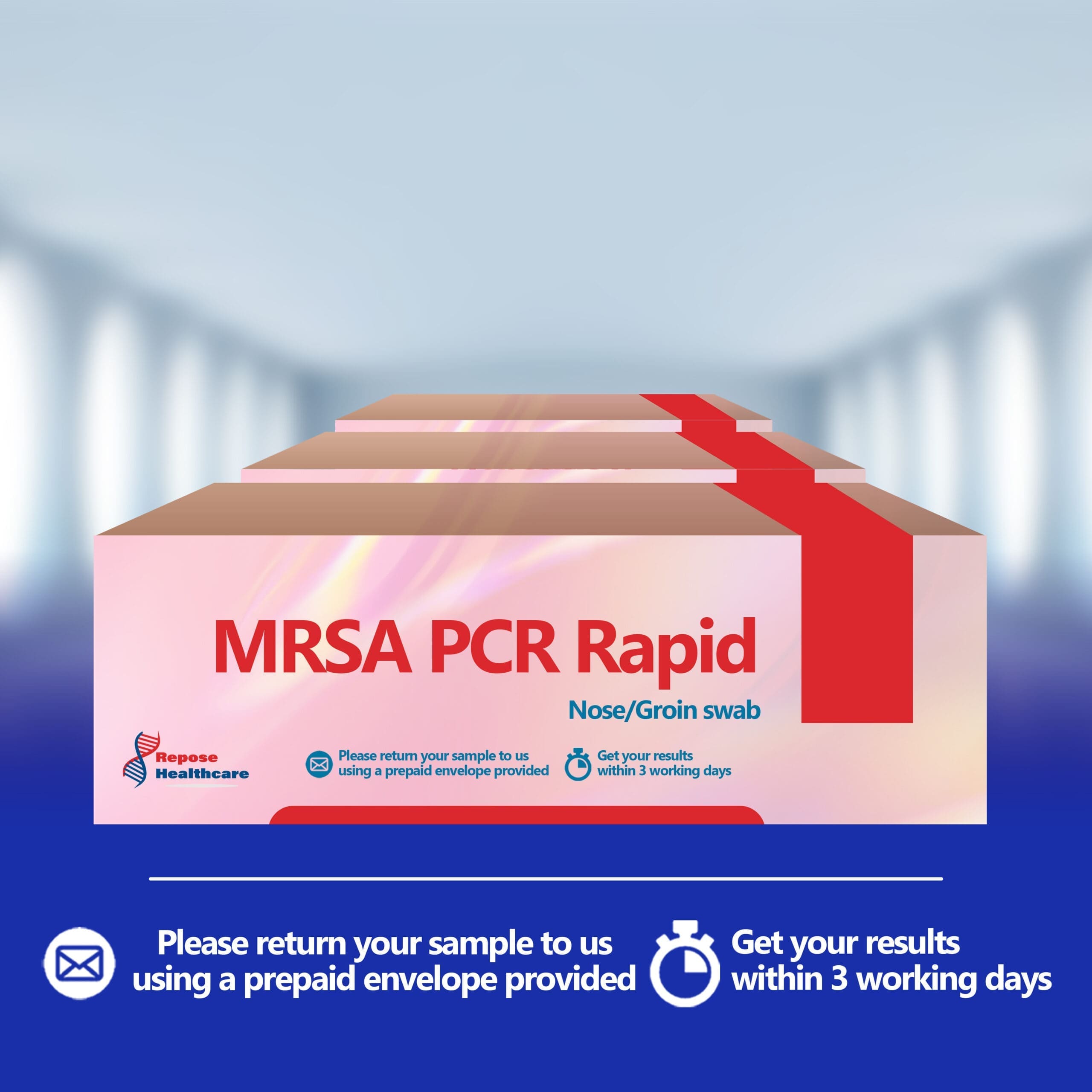 Main Kit Image: “MRSA home test kit with nasal and groin swabs – PCR self-testing kit UK” Swab Close-Up: “MRSA PCR swab for nose and groin testing at home – CE-marked kit” Packaging Image: “Discreet packaging for MRSA test kit with prepaid UK return envelope” Instruction Leaflet Image: “Clear instructions for MRSA self-test – nose and groin swab collection”